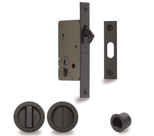 Heritage Brass Round Flush Handle Sliding Door Privacy Lock Set, Matt Black