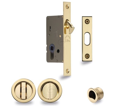 Heritage Brass Round Flush Handle Sliding Door Privacy Lock Set, Polished Brass