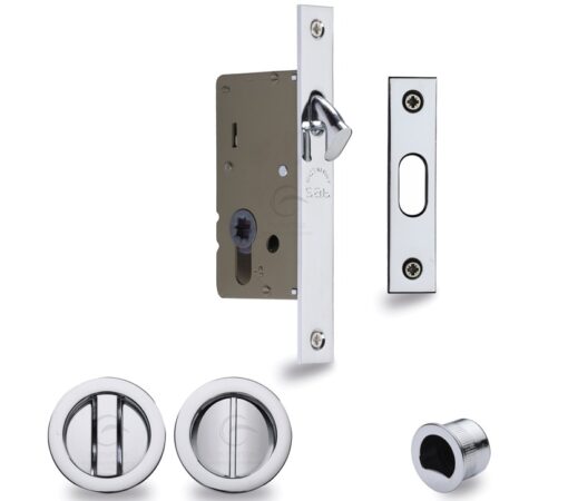 Heritage Brass Round Flush Handle Sliding Door Privacy Lock Set, Polished Chrome