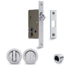 Heritage Brass Round Flush Handle Sliding Door Privacy Lock Set, Satin Chrome