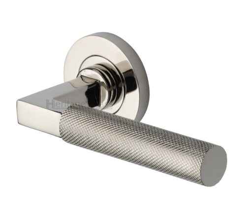 Heritage Brass Signac Knurled Door Handles On Round Rose, Polished Nickel (Sold In Pairs)
