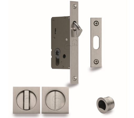 Heritage Brass Square Flush Handle Sliding Door Privacy Lock Set, Satin Nickel