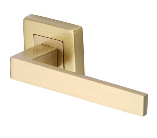 Heritage Brass Delta Sq Satin Brass Door Handles On Square Rose (Sold In Pairs)