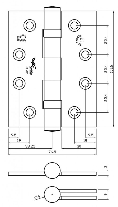 Premium Ball Bearing UKCA & CE Grade 13 Fire Door Hinge - Square