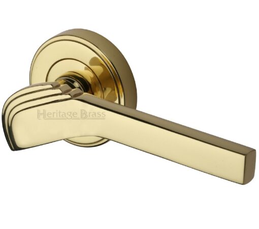 Heritage Brass Tiffany Art Deco Style Door Handles On Round Rose, Polished Brass (Sold In Pairs)