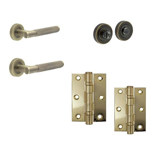 IRONMONGERY SOLUTIONS Bathroom Pack of Door Handle, Bathroom Locks, Bathroom Turn & Release & Hinges - Pack of Door Handle in Antique Brass Finish