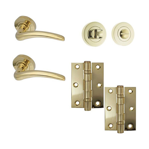 IRONMONGERY SOLUTIONS Bathroom Pack of Door Handle, Bathroom Locks, Turns & Releases & Hinges - Pack of Door Handle in PVD Finish