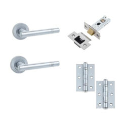 IRONMONGERY SOLUTIONS Latch Pack of Door Handle, Tubular Latch & Hinges - Pack of Door Handle in Satin Chrome Finish