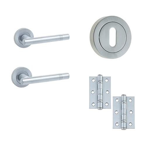 IRONMONGERY SOLUTIONS Lock Pack of Door Handle, 3 Lever Sashlocks, Escutcheons & Hinges - Pack of Door Handle in Satin Chrome Finish