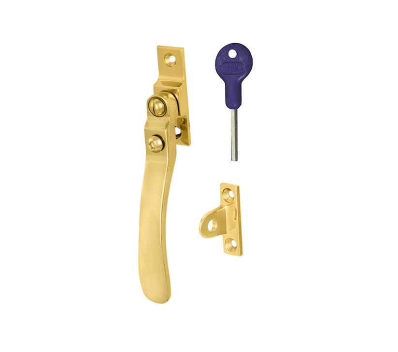 Victorian Wedge Pattern Locking Casement Window Fasteners, Polished Brass