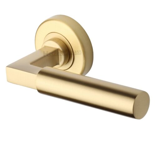 Heritage Brass Bauhaus Satin Brass Door Handles On Round Rose (Sold In Pairs)