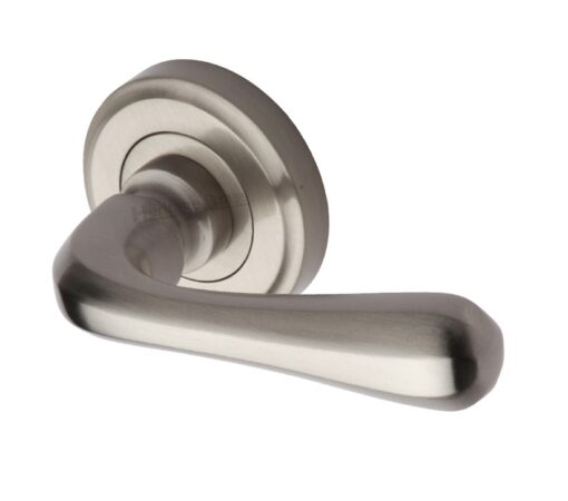 Heritage Brass Charlbury Satin Nickel Door Handles On Round Rose (Sold In Pairs)