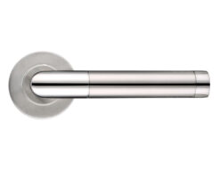 Zoo Hardware Zcs2 Contract Mitred Lever On Round Rose, Dual Finish Polished & Satin Stainless Steel (Sold In Pairs)