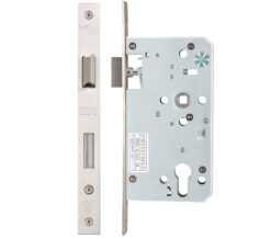 Zoo Hardware Vier 72Mm C/C Din Escape Lock (Square Or Radius Profile), Satin Stainless Steel