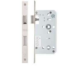 Zoo Hardware Vier 78Mm C/C Din Bathroom Lock (Square Or Radius Profile), Satin Stainless Steel