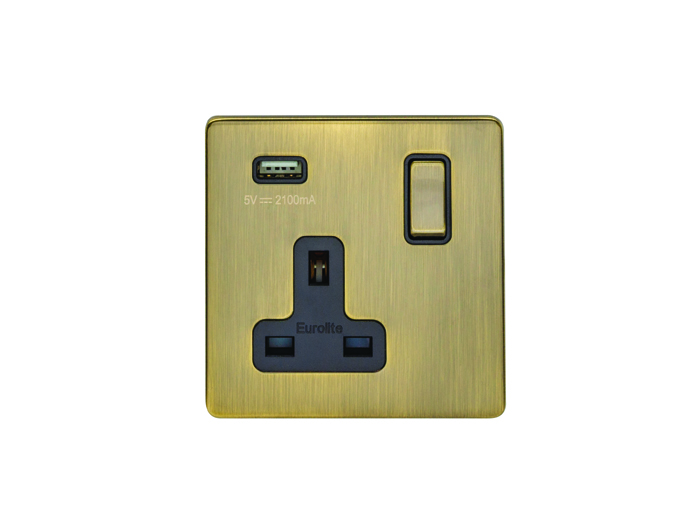 Eurolite Ab1Usbb 1 Gang 13Amp Dp Switched Socket With 2.1 Amp Usb Outlet Flat Concealed Antique Plate Matching Rocker