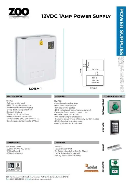 Zoo Hardware 13.8Vdc 1 Amp Power Supply with Switch Mode - Full Current Load - Small Box 1201SM-1