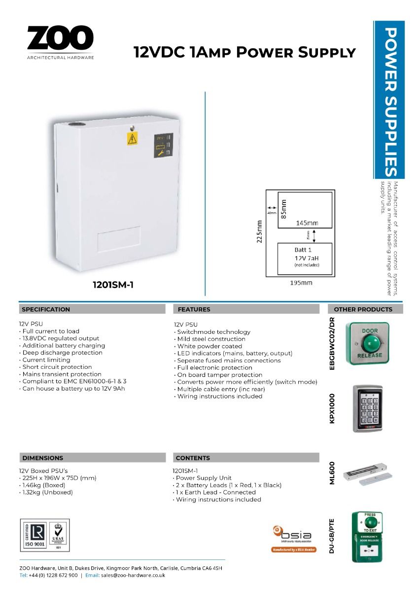 Zoo Hardware 13.8Vdc 1 Amp Power Supply with Switch Mode - Full Current Load - Small Box 1201SM-1