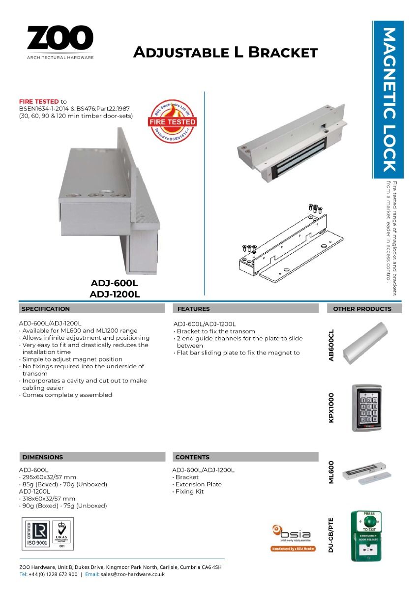 Zoo Hardware Fully Adjustable L Bracket for use with the ML1200 range of Maglocks ADJ-1200L