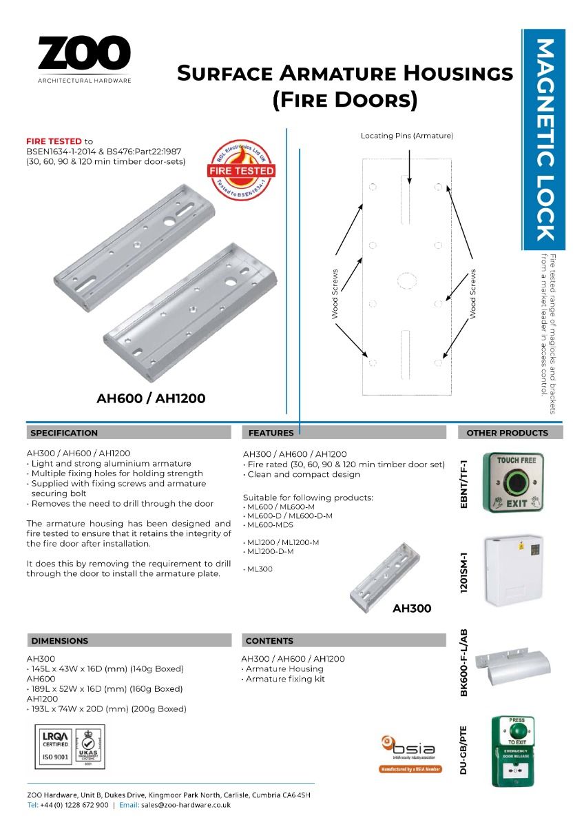 Zoo Hardware Armature Housing for ML1200 Maglock range - For Outward Opening Doors AH1200