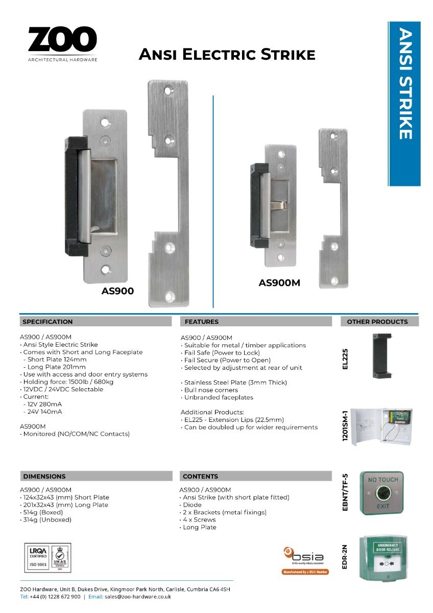 Zoo Hardware ANSI Unmonitored electric strike, 12/24vdc selectable, fail safe/secure selectable AS900