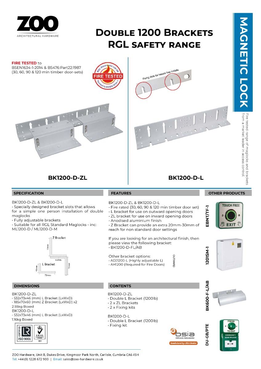 Zoo Hardware Double Z & L Bracket for use with the ML1200 double range of Maglocks BK1200-D-ZL