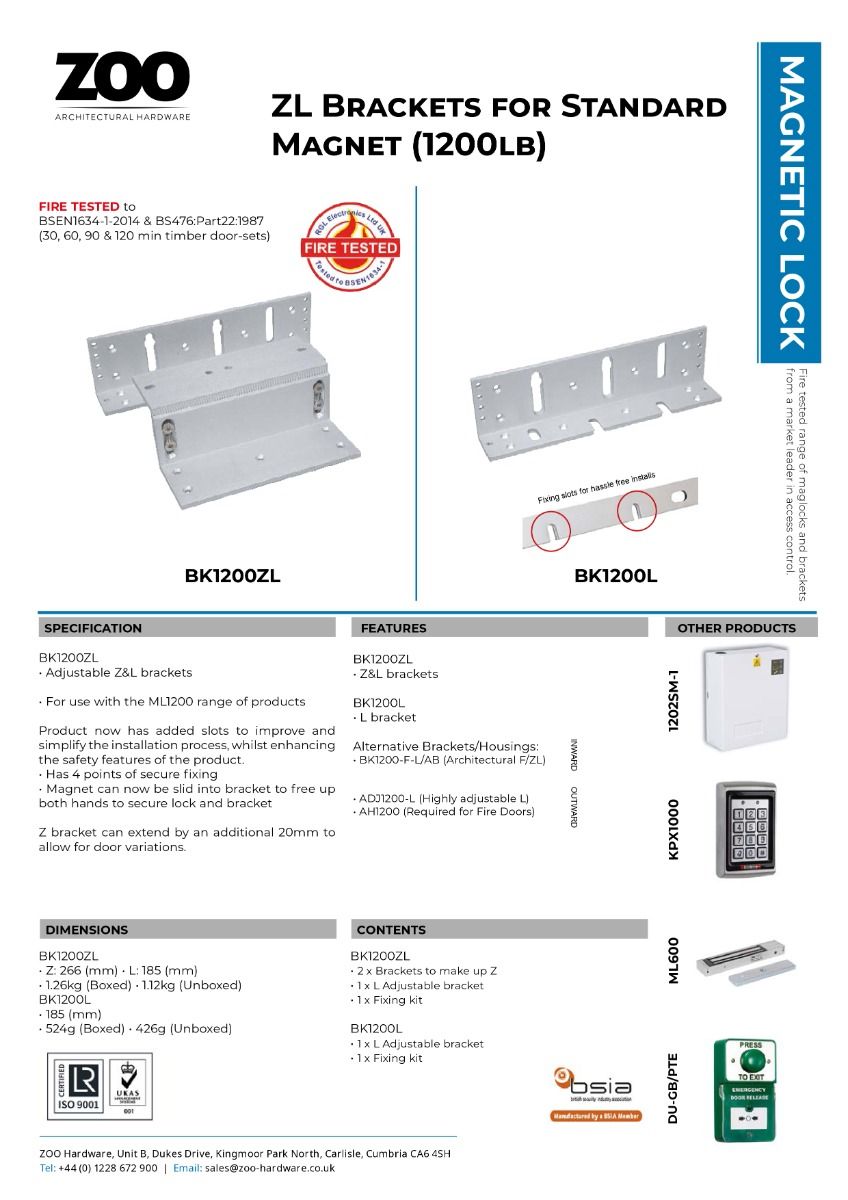 Zoo Hardware Adjustable Z & L Bracket for use with the ML1200 range of Maglocks BK1200ZL