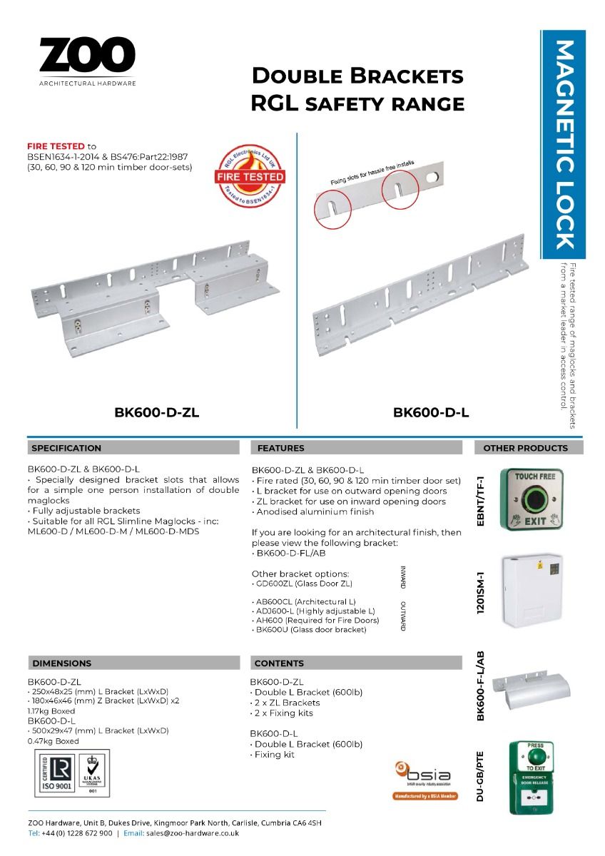 Zoo Hardware Double Z & L Bracket for use with the ML600 double range of Maglocks BK600-D-ZL