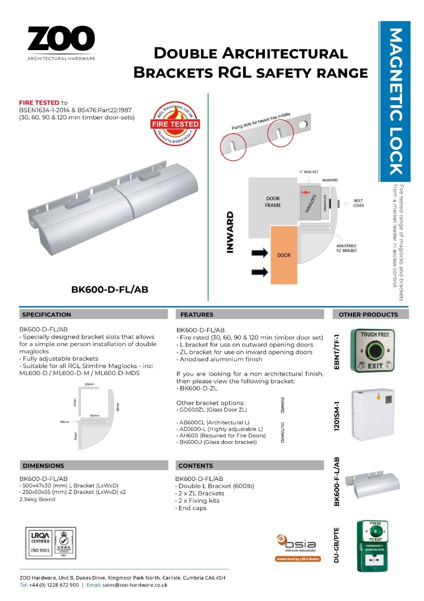 Zoo Hardware Architectural Double Z&L Bracket with cover plates - For us with ML600 Maglocks BK600-D-FL/AB