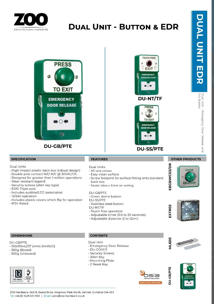 Zoo Hardware Dual Unit - Combined Emergency Door Release and Large Green "Press to Exit" Button DU-GB/PTE