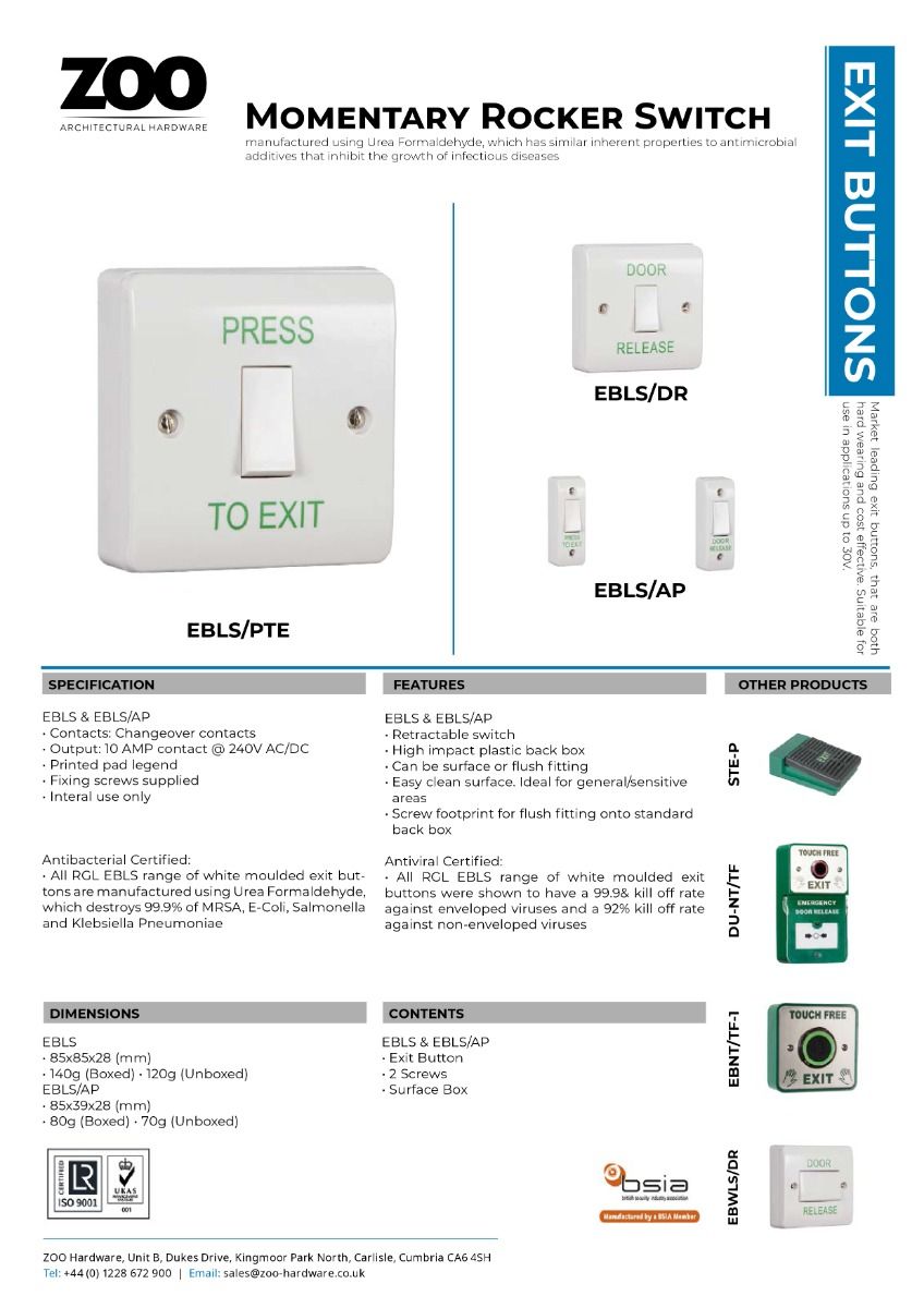 Zoo Hardware Standard Retractable Switch Button c/w White Back Box - "Press to Exit" EBLS/PTE