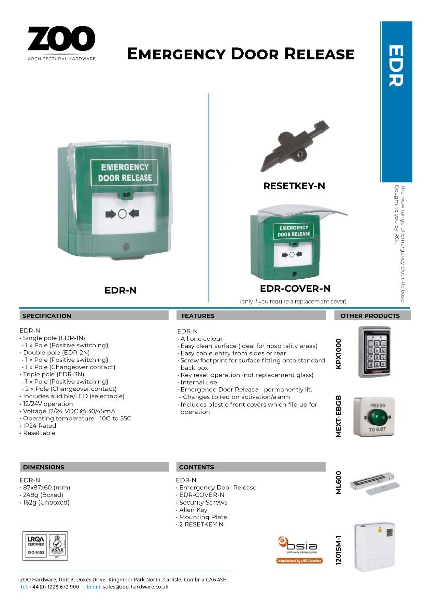 Zoo Hardware Illuminated Emergency Release Button (resettable) with front cover - Double Pole voltage EDR-2N