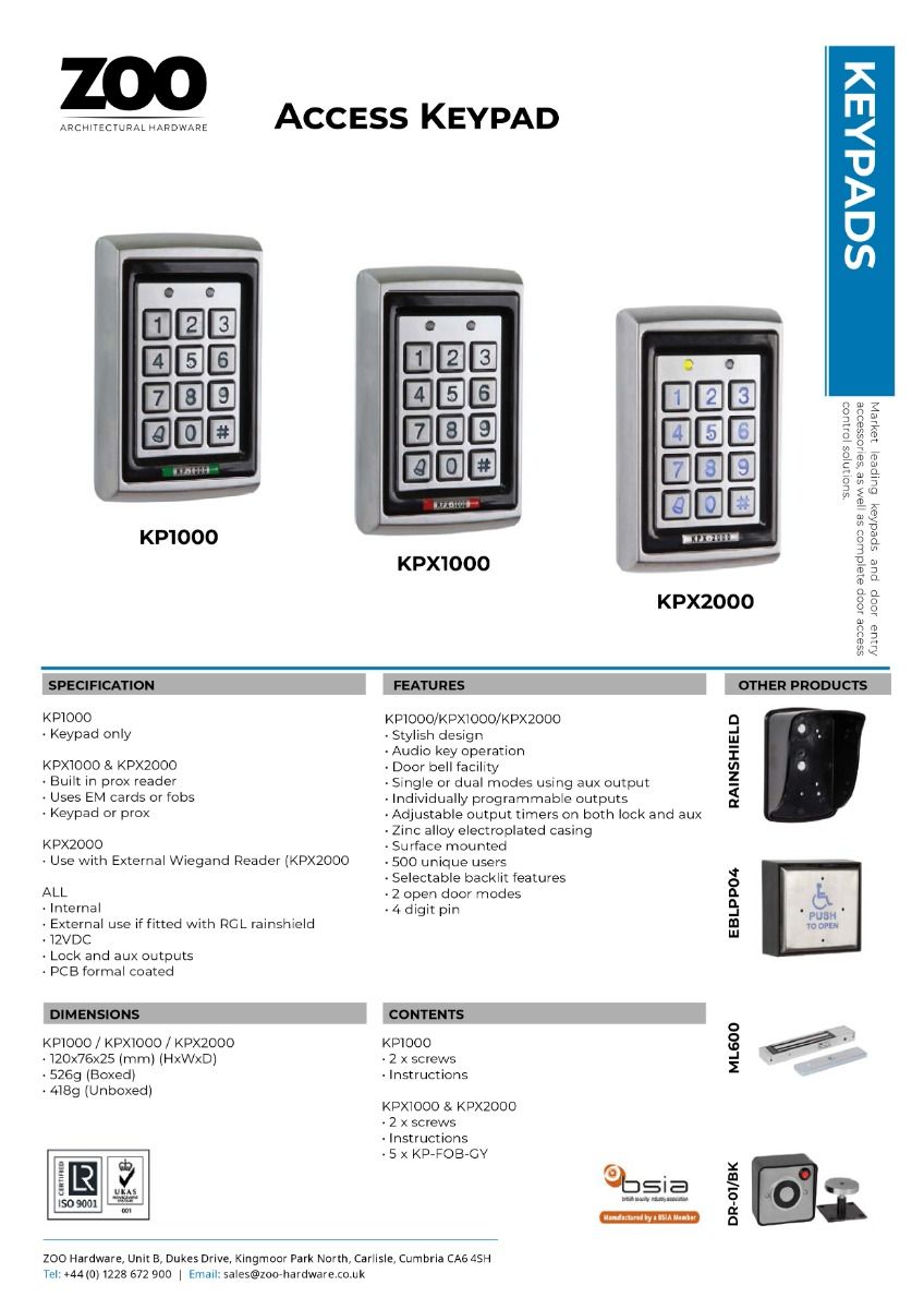 Zoo Hardware Keypad with Electroplated Anti Vandal Case - External if used with Rainshield KP1000