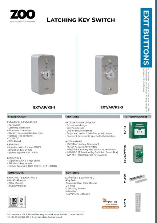 Zoo Hardware On/Off Latching Key Switch in Stainless Steel Plate c/w Shrouded Back Box KS-1