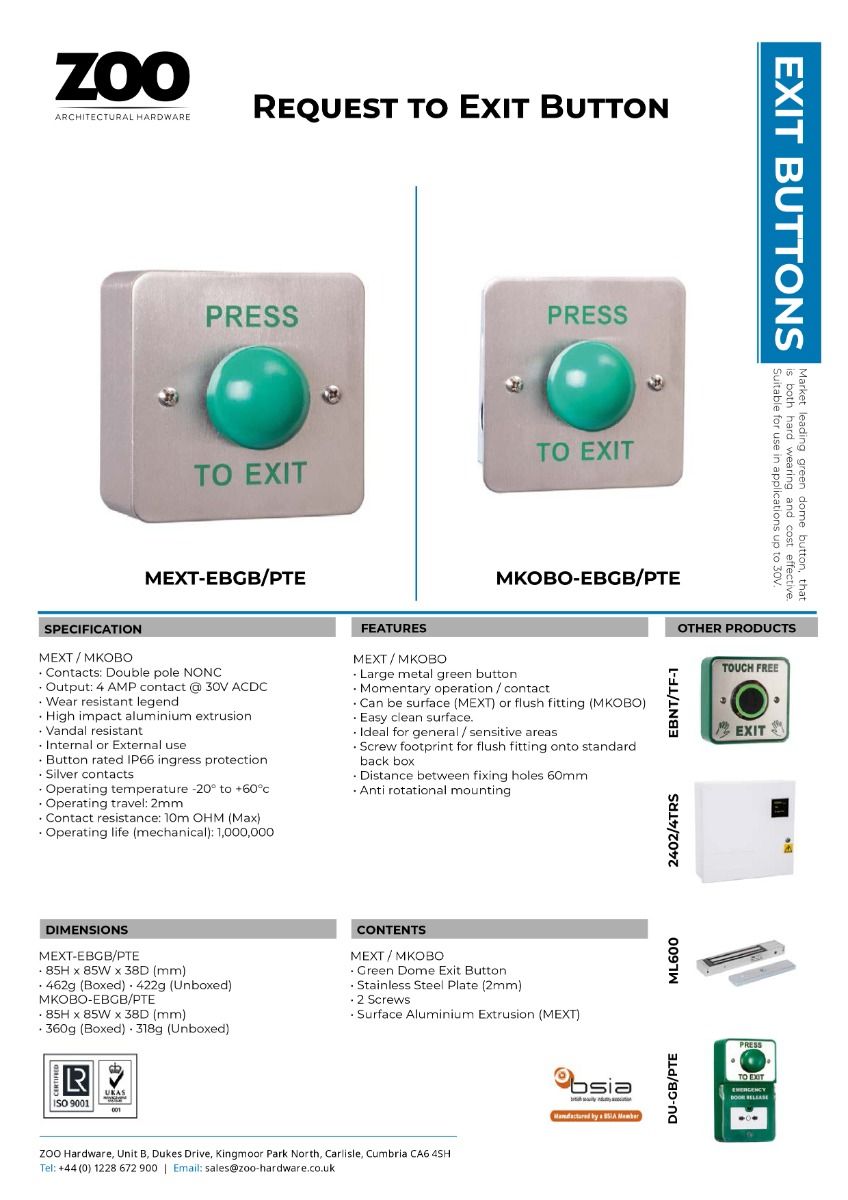 Zoo Hardware SS Steel Plate, Green Dome Steel Button c/w Kobo Back Box - "Press to Exit" MEXT-EBGB/PTE