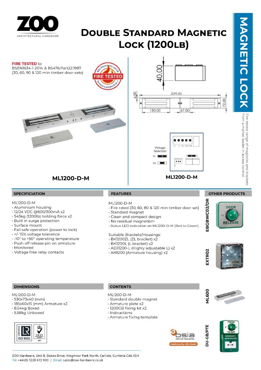 Zoo Hardware Standard Double Monitored Magnetic Lock 1200lbs (545kgs x2) Holding Force ML1200-D-M