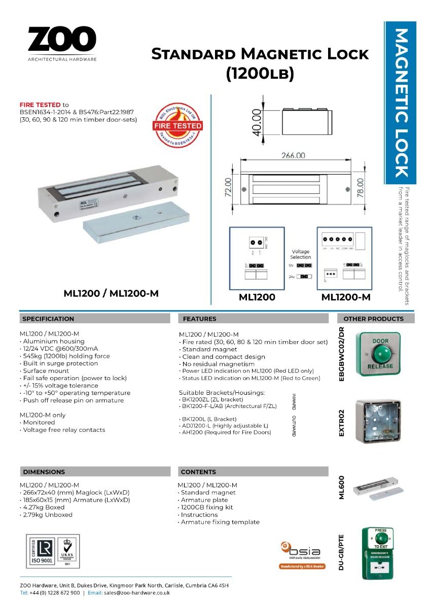 Zoo Hardware Standard Magnetic Lock 1200lbs (545kgs) Holding Force ML1200