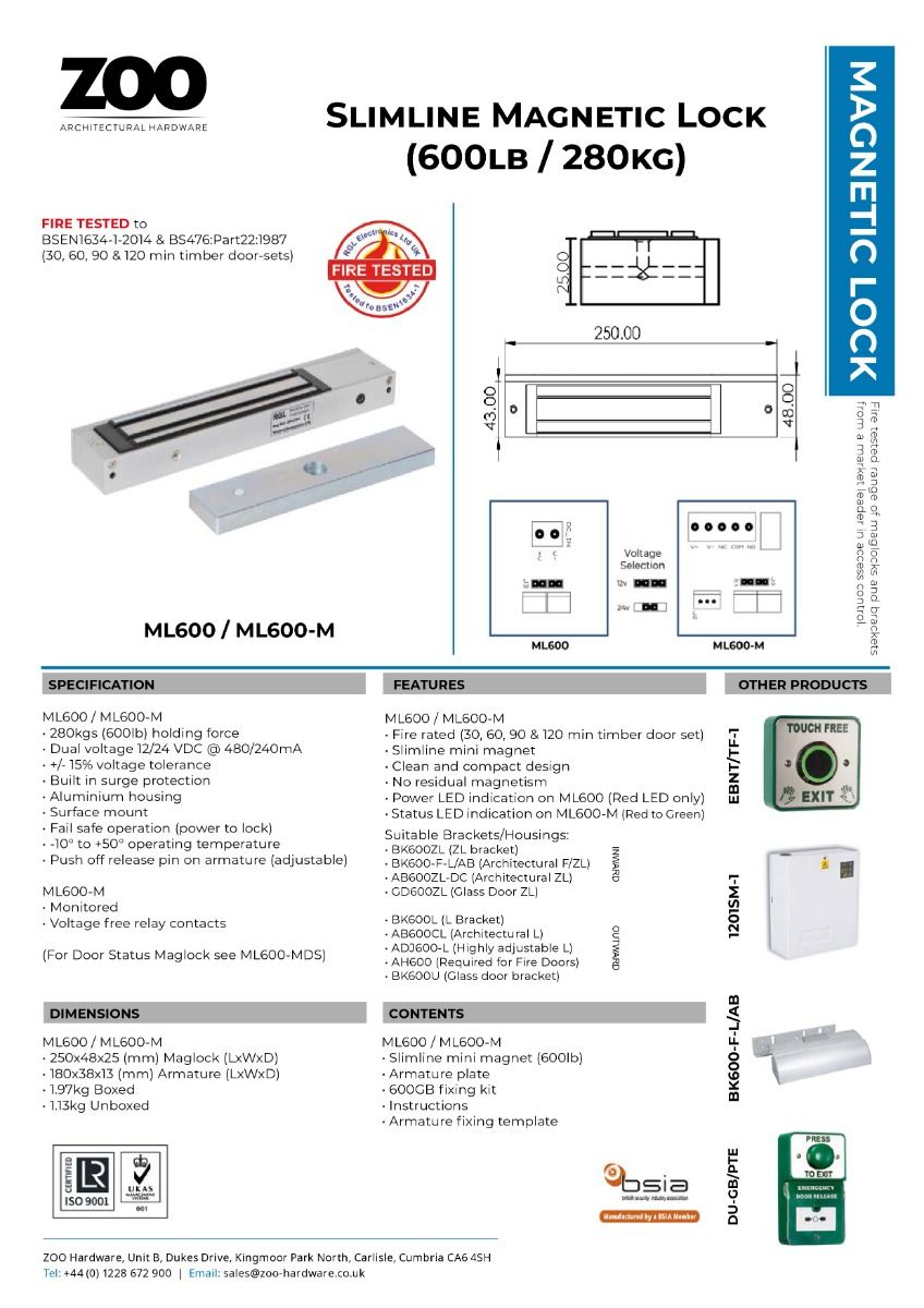 Zoo Hardware Monitored Slimline Mini Magnet 600lbs (280kg) Holding Force ML600-M