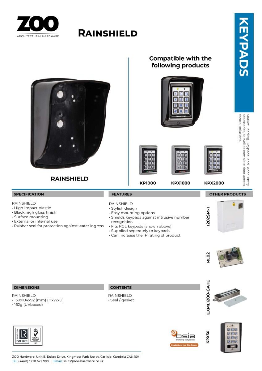 Zoo Hardware Showerproof Housing for use with the KP1000, KPX1000 and KPX2000 RAINSHIELD