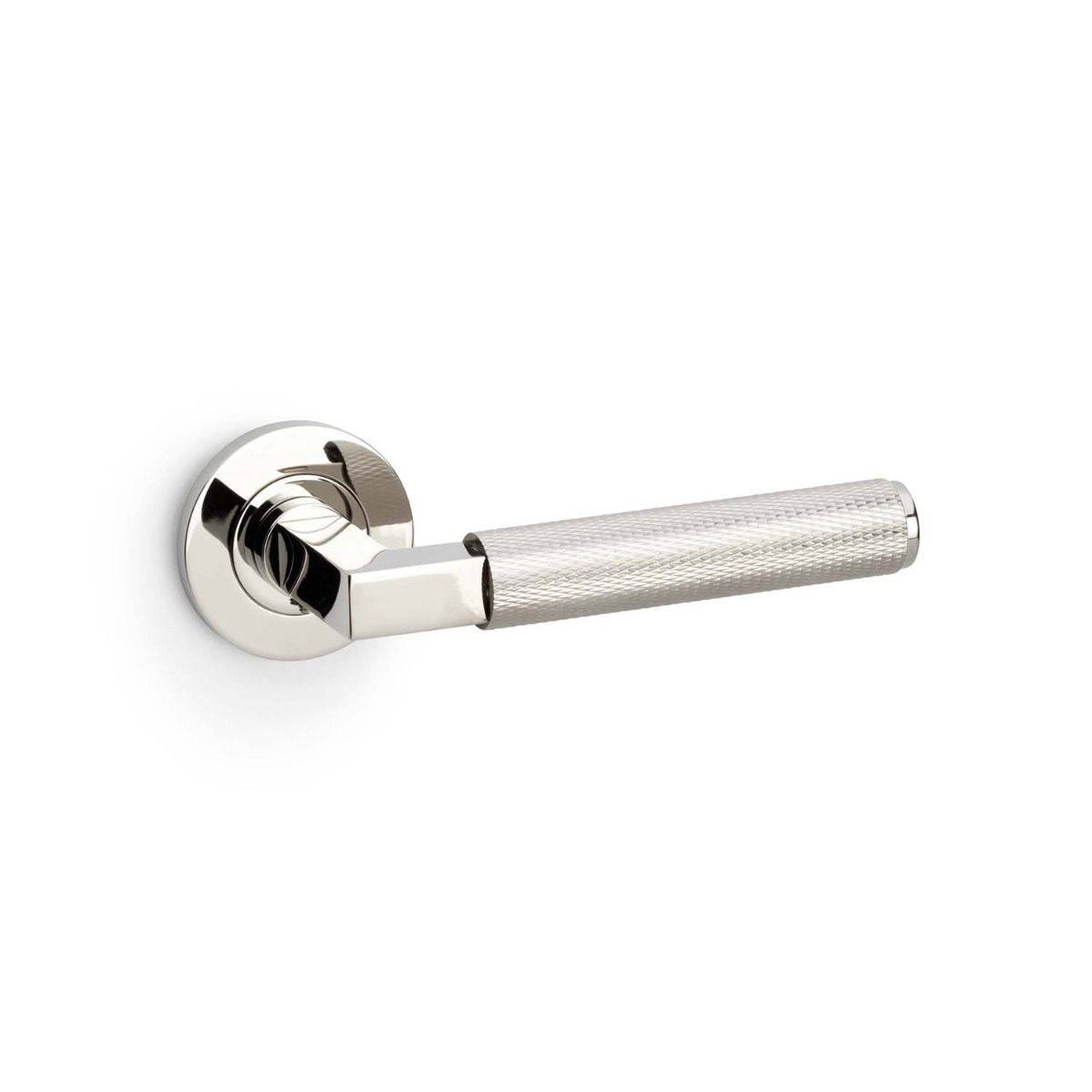 Alexander And Wilks Hurricane Door Handle Knurled On Round Rose Pol Nickel Pvd AW200PNPVD