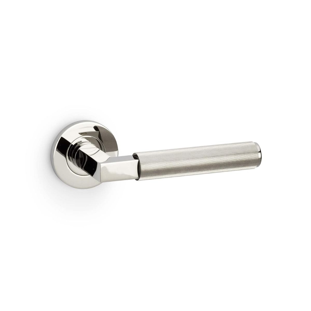 Alexander And Wilks Hurricane Door Handle Reeded On Round Rose Pol Nickel Pvd AW202PNPVD