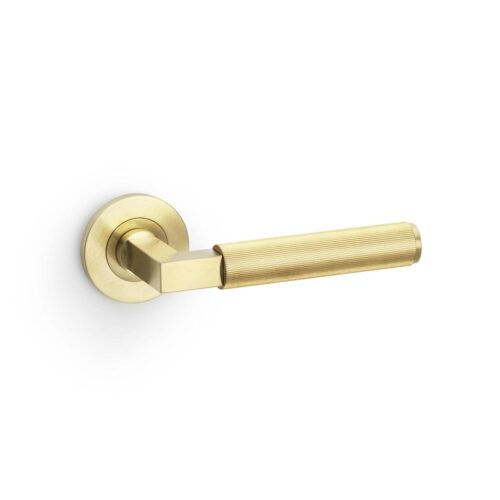 Alexander And Wilks Hurricane Door Handle Reeded On Round Rose Satin Brass Pvd AW202SBPVD