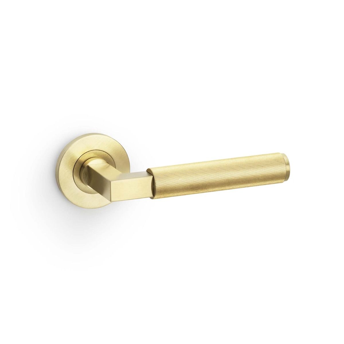 Alexander And Wilks Hurricane Door Handle Reeded On Round Rose Satin Brass Pvd AW202SBPVD