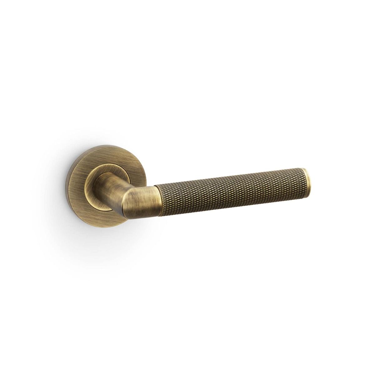 Alexander And Wilks Harrier Door Handle Knurled On Round Rose Antique Brass AW210AB