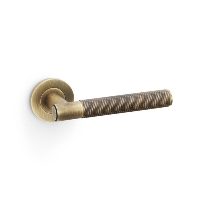 Alexander And Wilks Spitfire Door Handle Knurled On Round Rose Antique Brass AW220AB