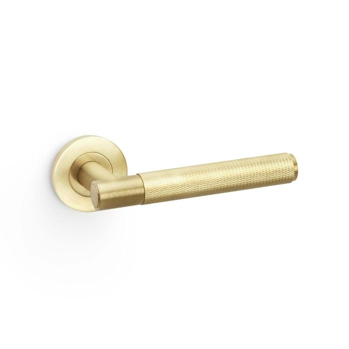 Alexander And Wilks Spitfire Door Handle Knurled On Round Rose Satin Brass Pvd AW220SBPVD