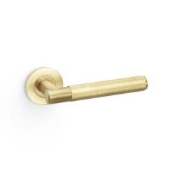 Alexander And Wilks Spitfire Door Handle Knurled On Round Rose Satin Brass Pvd AW220SBPVD