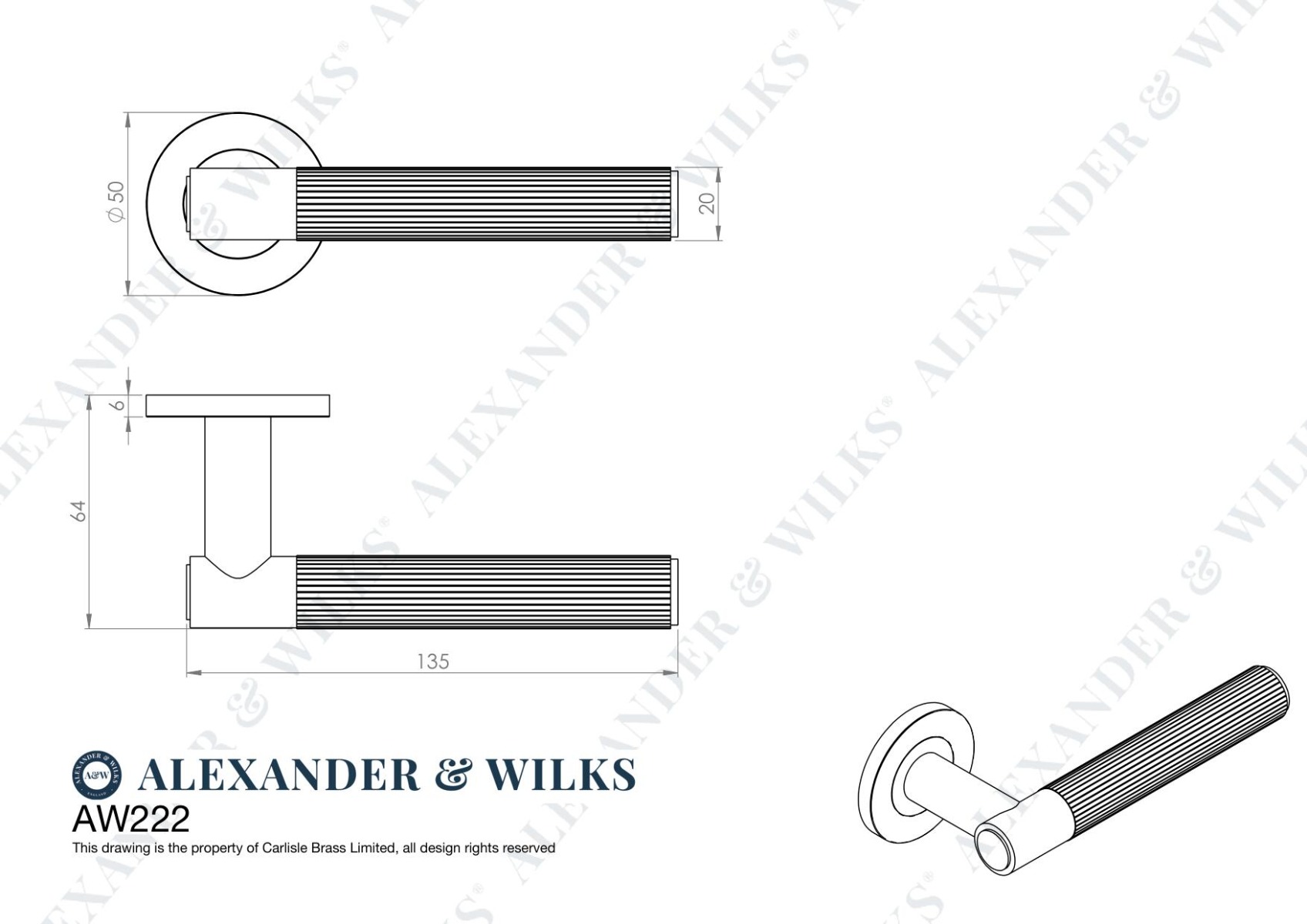 Alexander And Wilks Spitfire Door Handle Reeded On Round Rose Antique Brass AW222AB