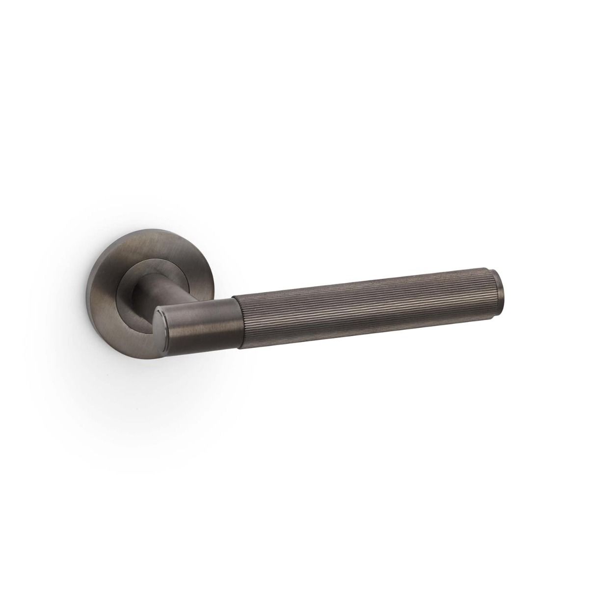 Alexander And Wilks Spitfire Door Handle Reeded On Round Rose Dark Bronze Pvd AW222DBZPVD