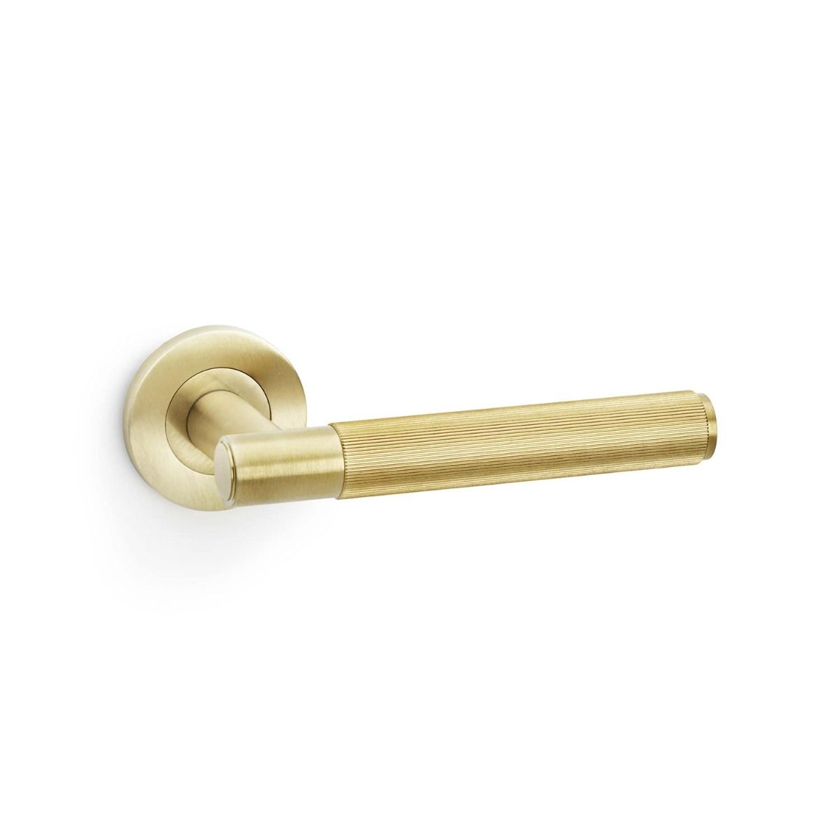 Alexander And Wilks Spitfire Door Handle Reeded On Round Rose Satin Brass Pvd AW222SBPVD